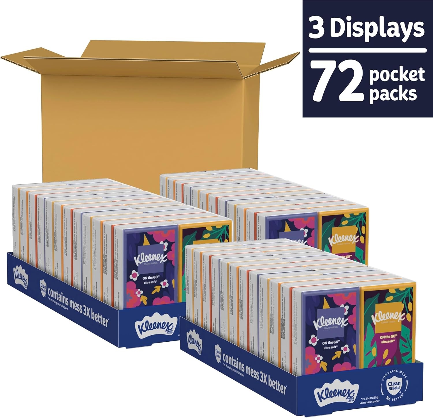 image:imageKleenex OnTheGo Facial Tissues 72 OnTheGo Packs 3 Trays of 24 Packs 10 Tissues per Box 720 Total 3Ply Packaging May VaryWhite
