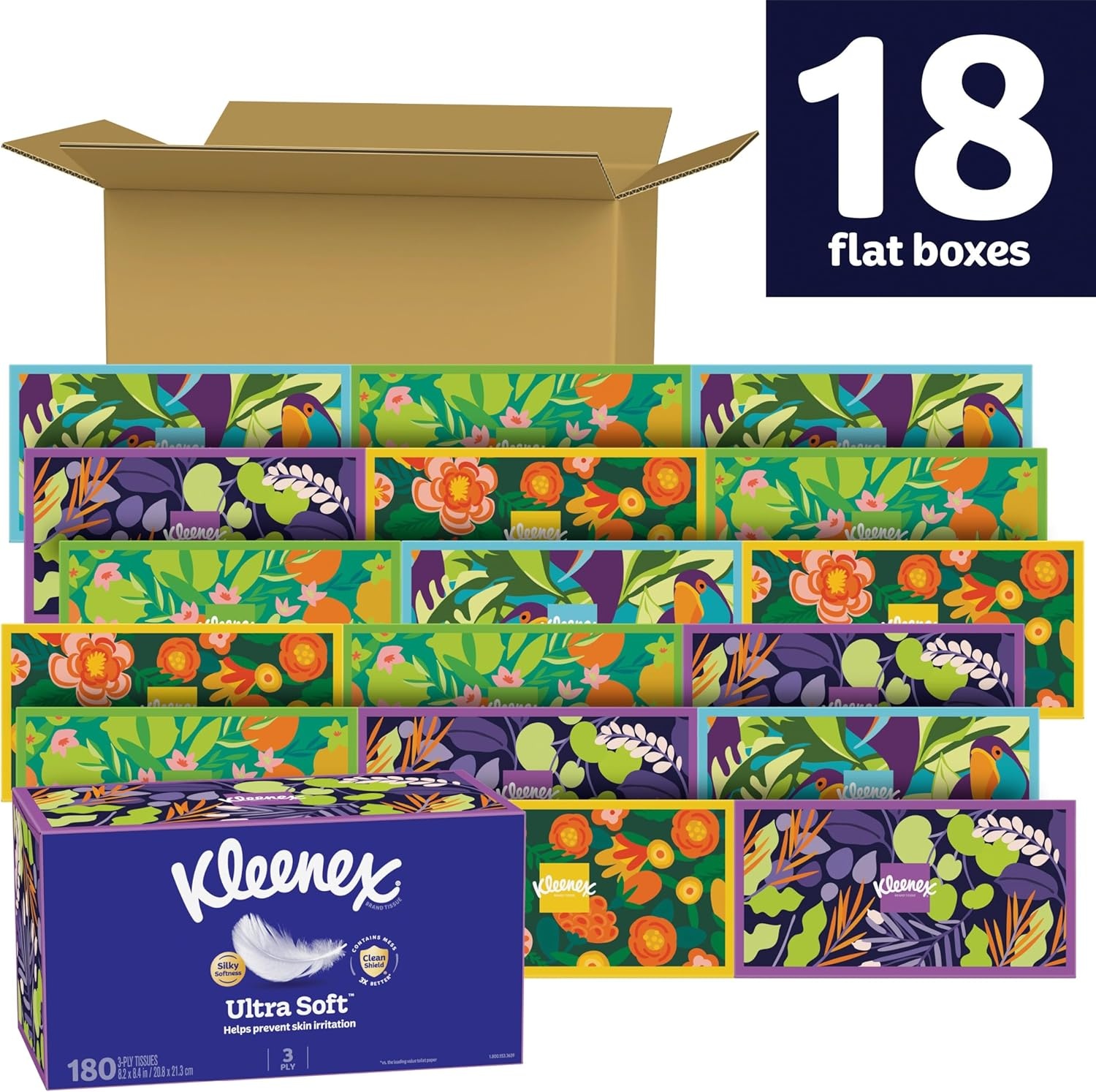 image:imageKleenex Ultra Soft Facial Tissues 8 Flat Boxes 180 Tissues per Box 3Ply Packaging May Vary180 Count Pack of 18