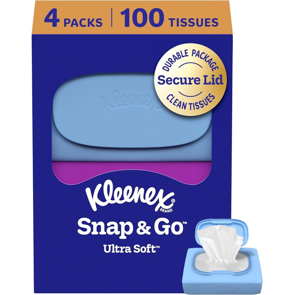 image:imageKleenex Snap amp Go Ultra Soft Facial Tissues 4 OntheGo Packs 25 Tissues per Pack 3Ply Packaging May Vary4 Pack 25 Tissue Packs