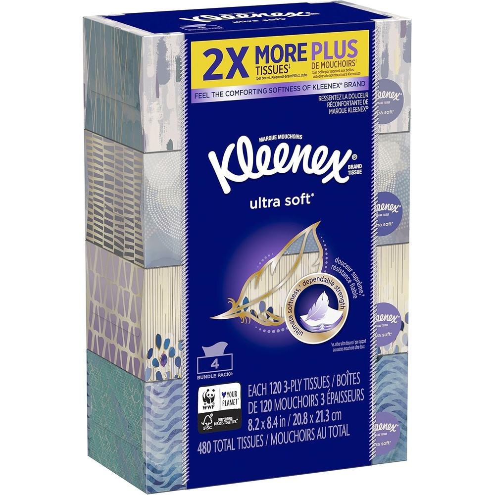 image:imageKleenex Ultra Soft Facial Tissues 8 Flat Boxes 180 Tissues per Box 3Ply Packaging May Vary120 Count Pack of 4