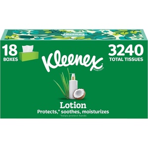 Kleenex Lotion Facial Tissues with Coconut Oil, 18 Flat Boxes, 180 Tissues Per Box, 3-Ply